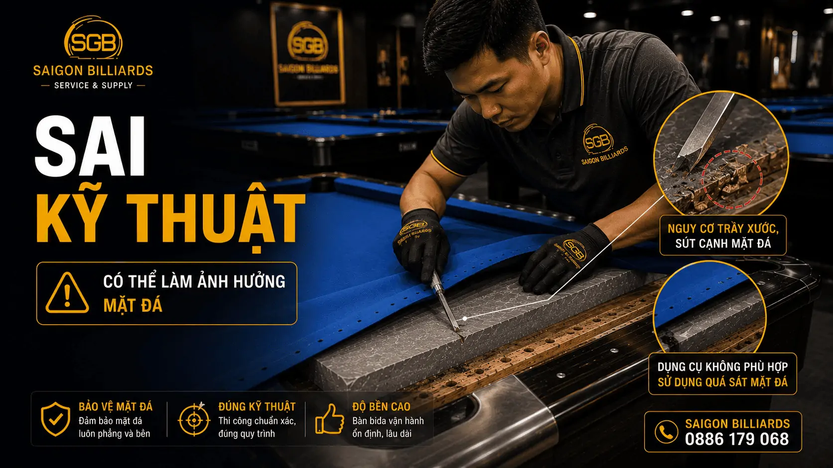 Thi c&ocirc;ng sai kỹ thuật c&oacute; thể ảnh hưởng mặt đ&aacute; b&agrave;n bida